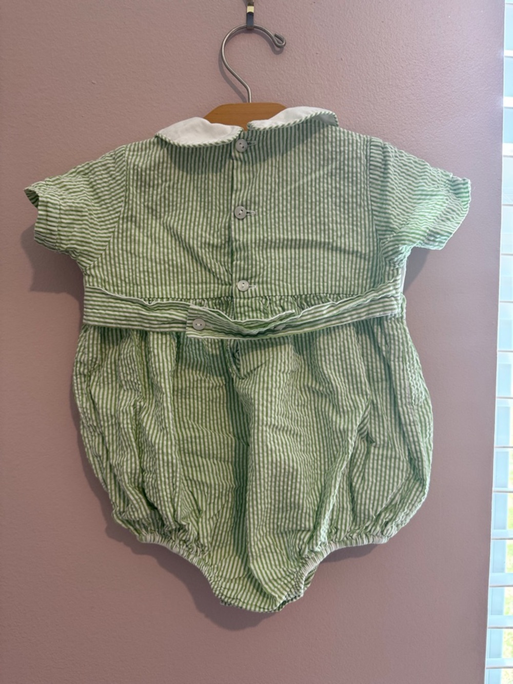 Silly Goose Green Striped Smocked Baby Romper with Peter Pan Collar - Picture 4 of 7